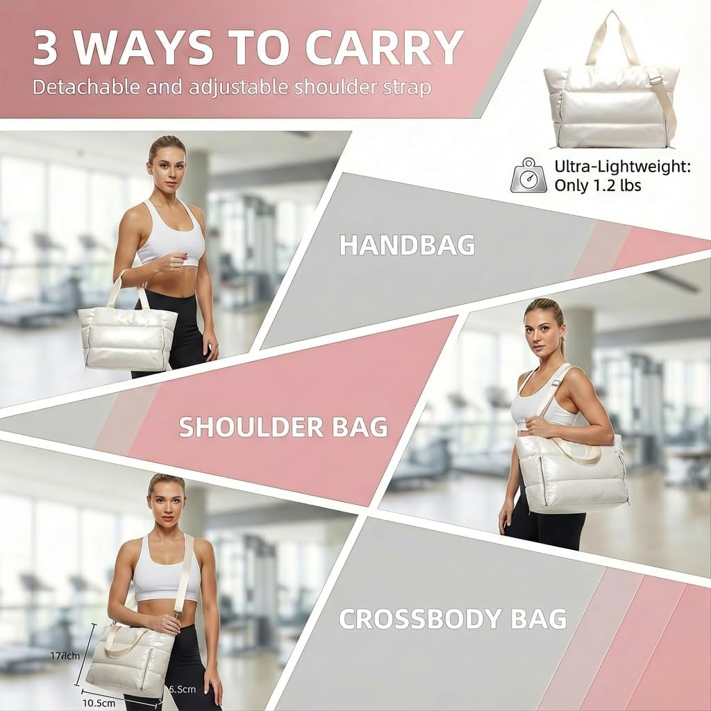 image:imageLarge Tote Bag for Women Lightweight Travel Tote Handbags Puffer Tote Bag with Zipper Yoga Bags Quilted Work BagBeige
