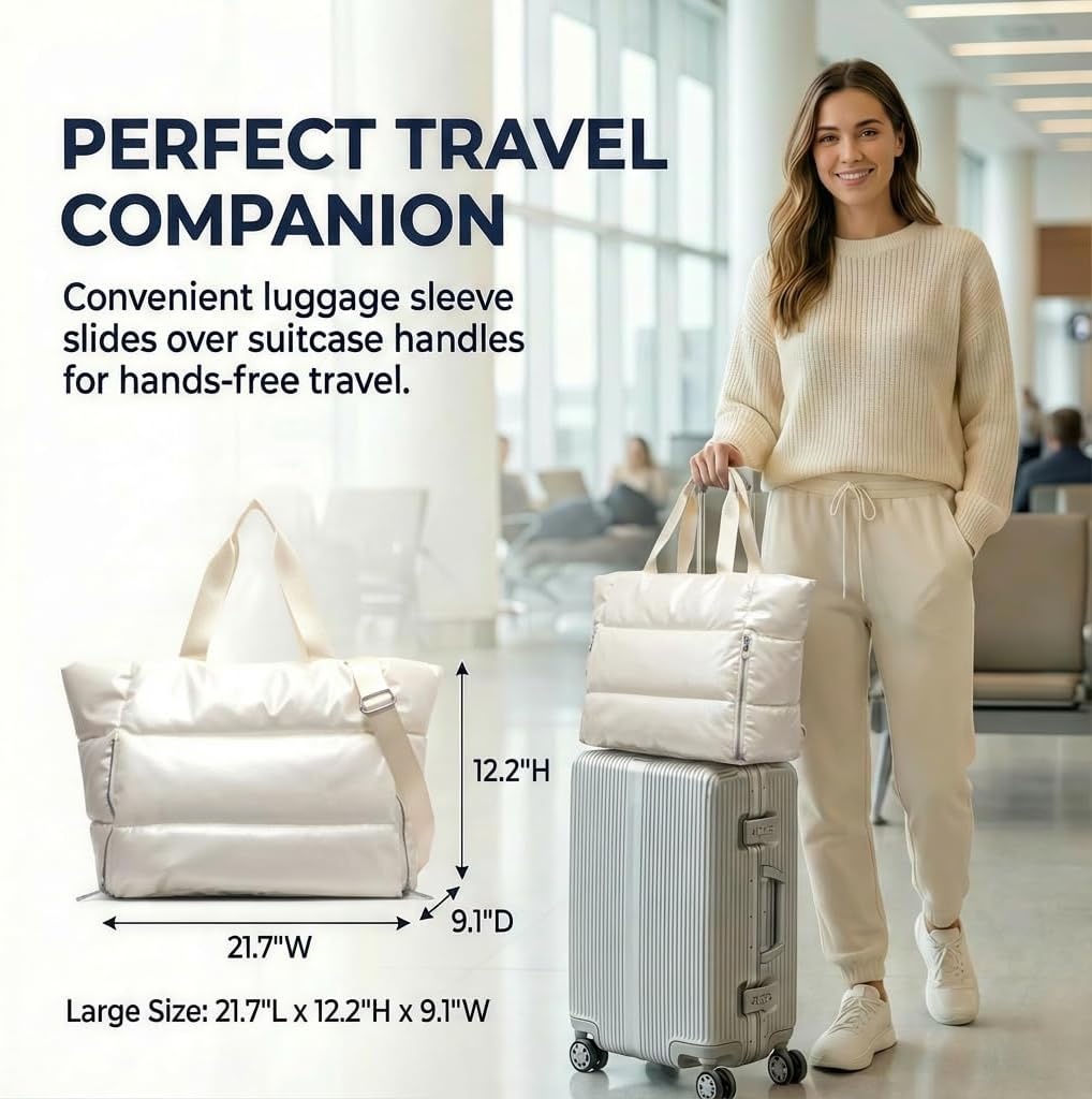 image:imageLarge Tote Bag for Women Lightweight Travel Tote Handbags Puffer Tote Bag with Zipper Yoga Bags Quilted Work BagBeige