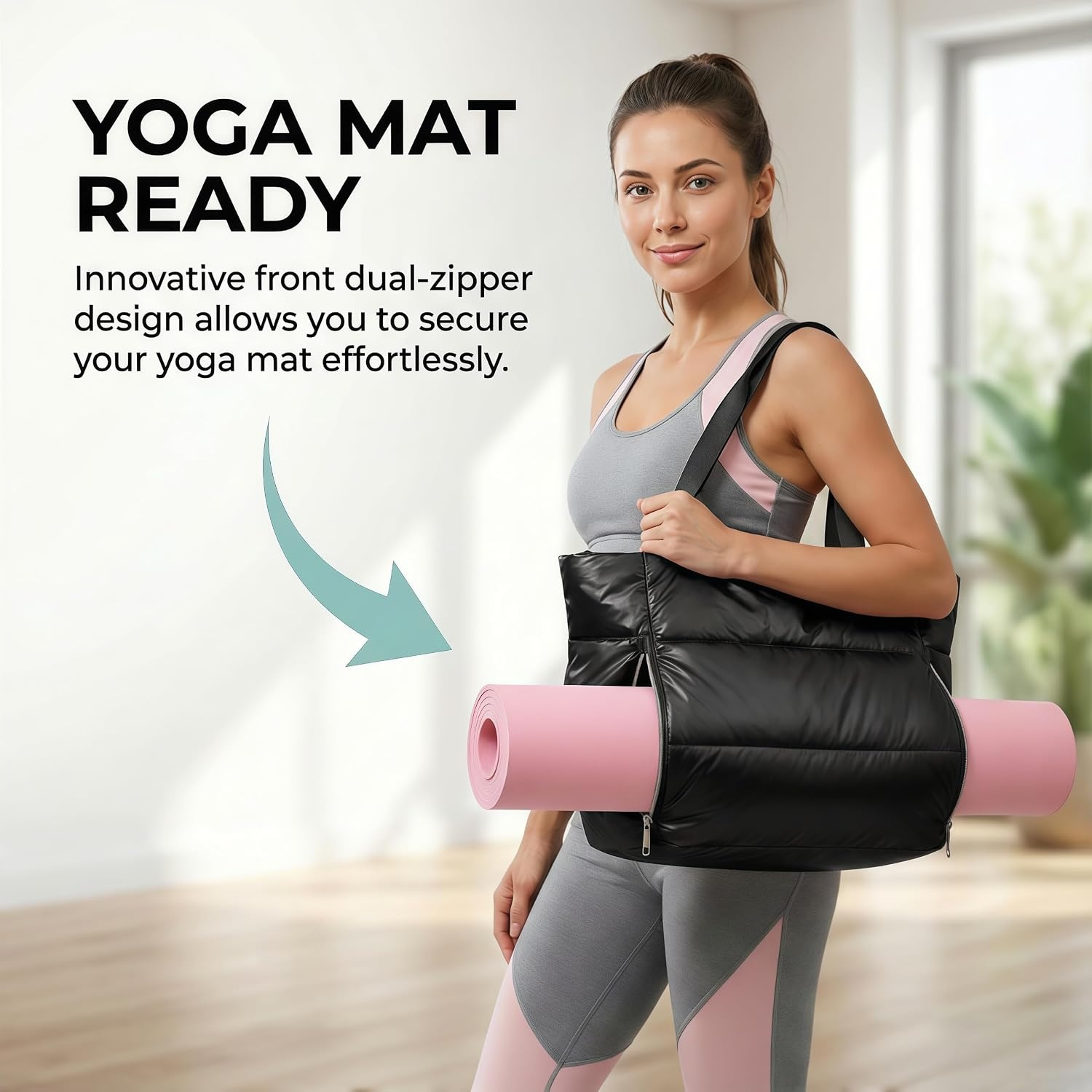 image:imageLarge Tote Bag for Women Lightweight Travel Tote Handbags Puffer Tote Bag with Zipper Yoga Bags Quilted Work BagBlack