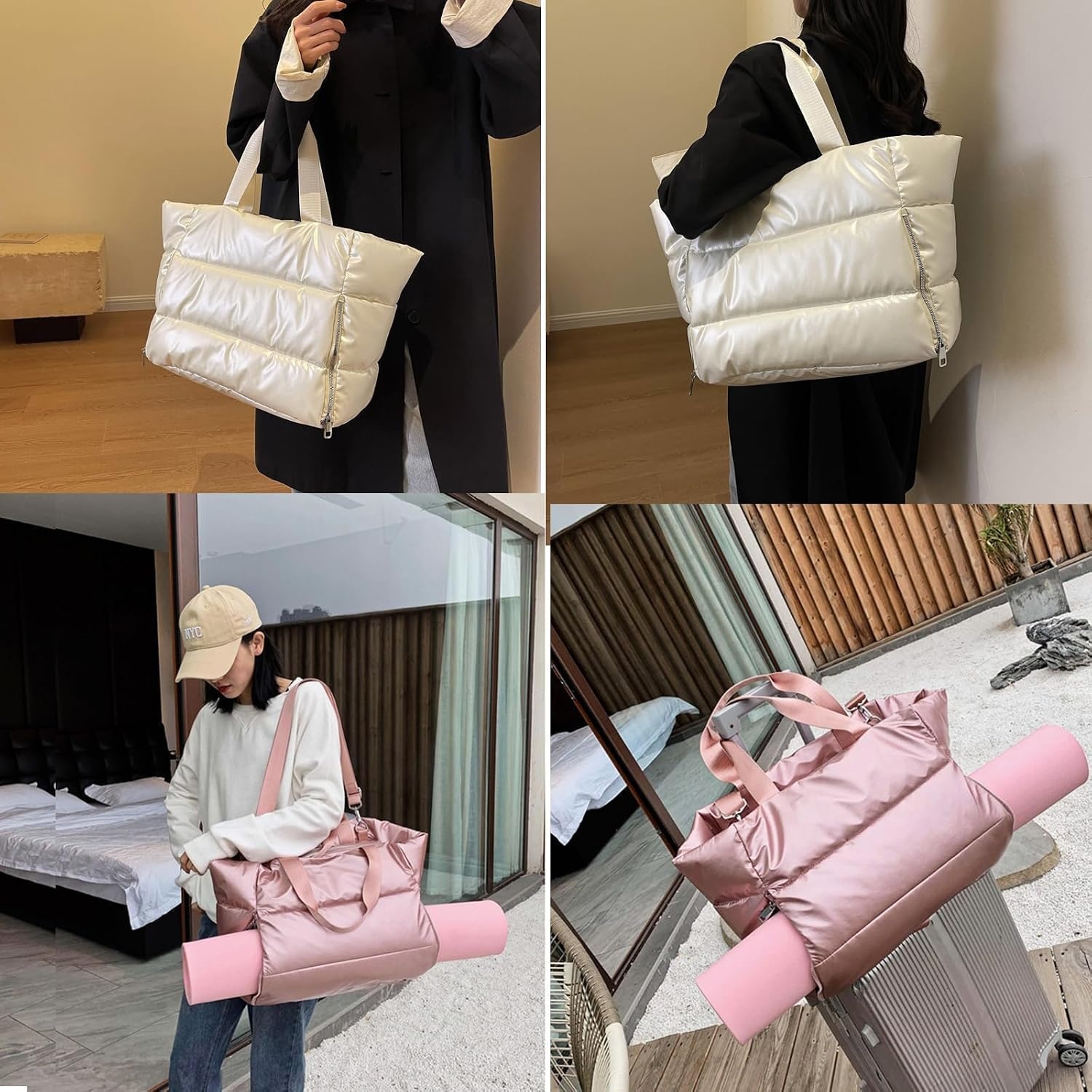 image:imageLarge Tote Bag for Women Lightweight Travel Tote Handbags Puffer Tote Bag with Zipper Yoga Bags Quilted Work BagBlack