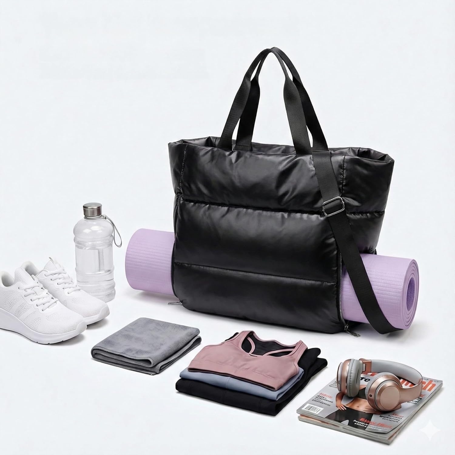 image:imageLarge Tote Bag for Women Lightweight Travel Tote Handbags Puffer Tote Bag with Zipper Yoga Bags Quilted Work BagBlack