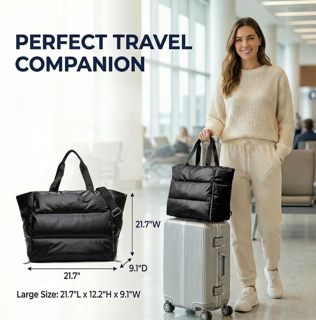 image:imageLarge Tote Bag for Women Lightweight Travel Tote Handbags Puffer Tote Bag with Zipper Yoga Bags Quilted Work BagBlack