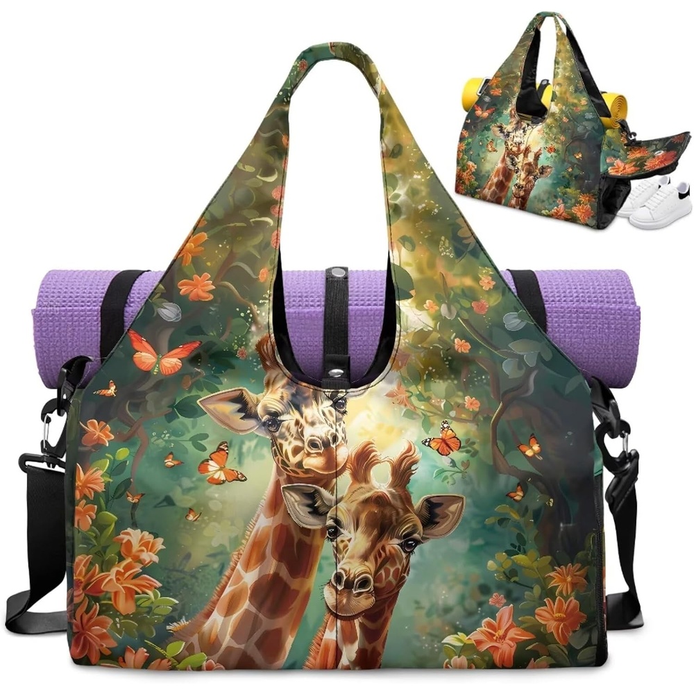 image:imageGym Bag with Shoe Compartment for Women Men Large Capacity Yoga Mat Bag Fashion Workout Travel Yoga Mat HolderCute Giraffe