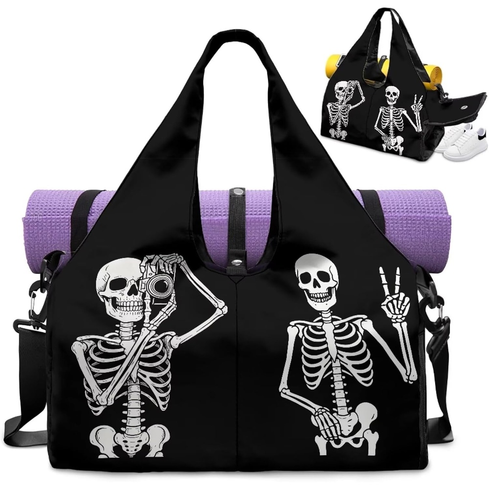 image:imageGym Bag with Shoe Compartment for Women Men Large Capacity Yoga Mat Bag Fashion Workout Travel Yoga Mat HolderFunny Skeleton