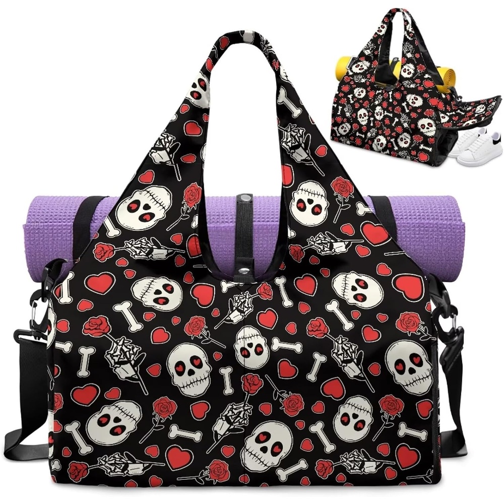image:imageGym Bag with Shoe Compartment for Women Men Large Capacity Yoga Mat Bag Fashion Workout Travel Yoga Mat HolderHeart Skull