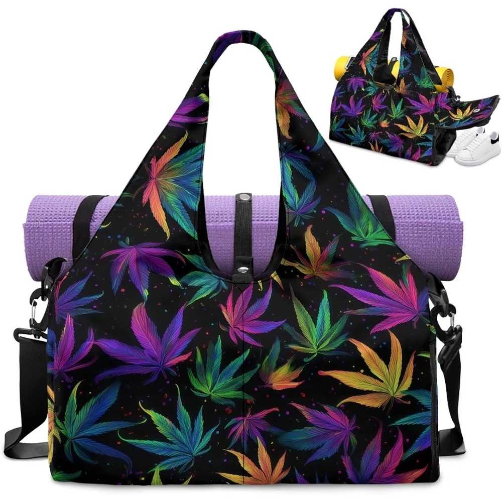 image:imageGym Bag with Shoe Compartment for Women Men Large Capacity Yoga Mat Bag Fashion Workout Travel Yoga Mat HolderHemp Print