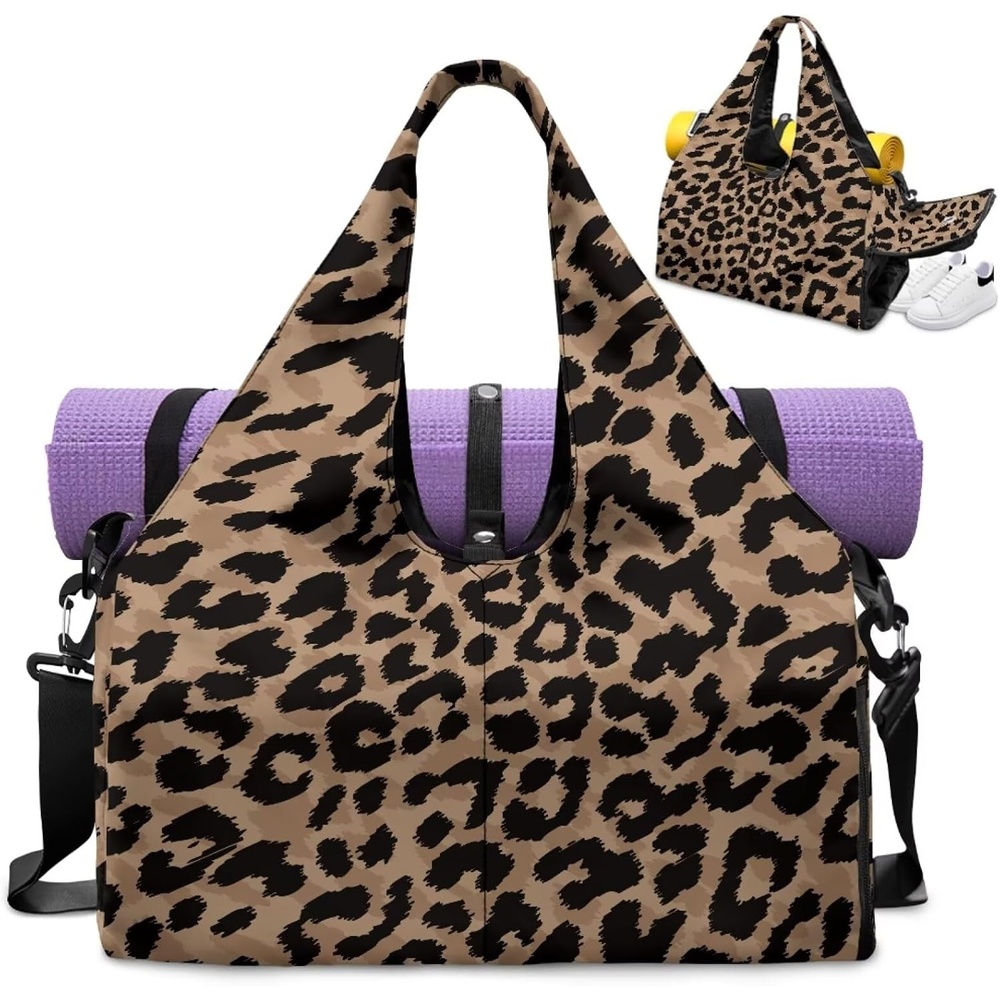 image:imageGym Bag with Shoe Compartment for Women Men Large Capacity Yoga Mat Bag Fashion Workout Travel Yoga Mat HolderLeopard Print
