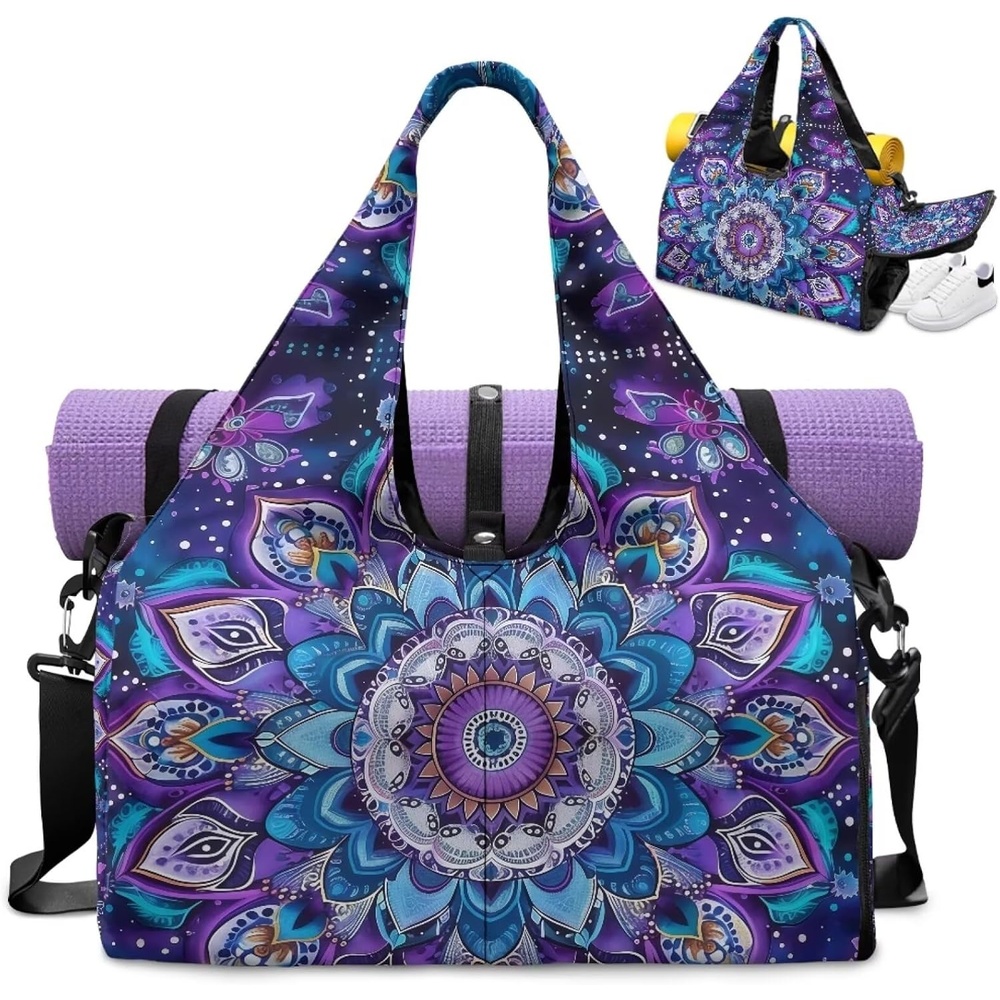 image:imageGym Bag with Shoe Compartment for Women Men Large Capacity Yoga Mat Bag Fashion Workout Travel Yoga Mat HolderMandala Lotus