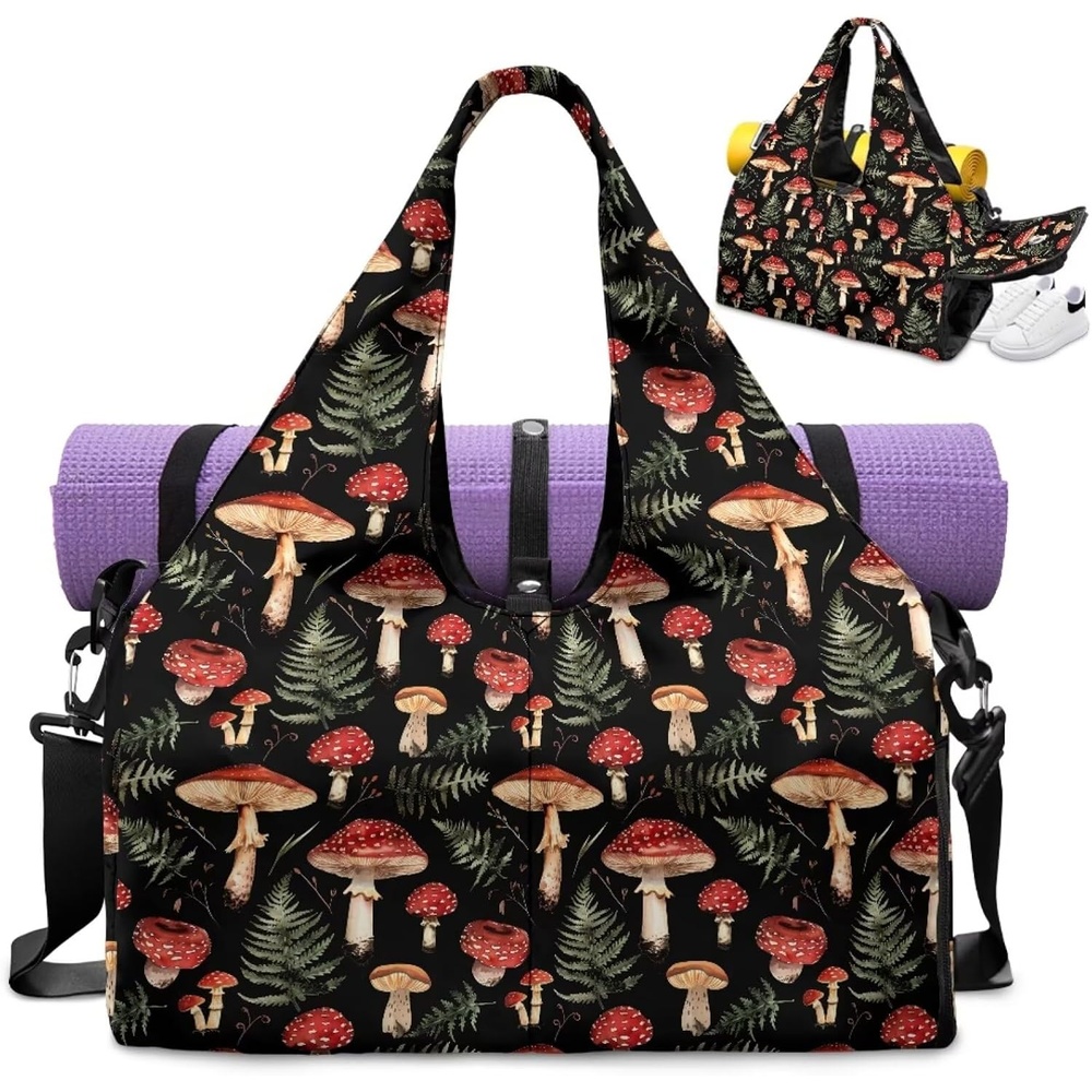 image:imageGym Bag with Shoe Compartment for Women Men Large Capacity Yoga Mat Bag Fashion Workout Travel Yoga Mat HolderMushroom