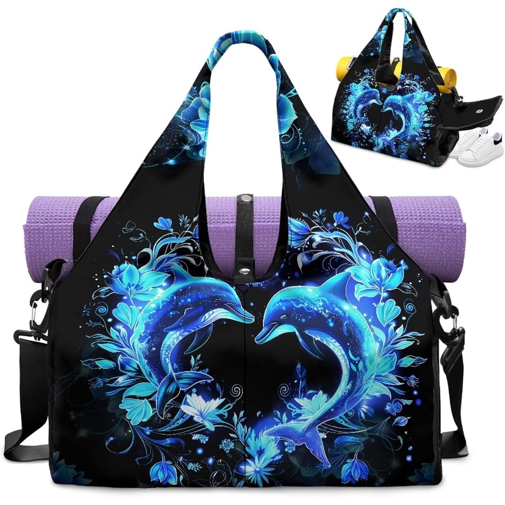 image:imageGym Bag with Shoe Compartment for Women Men Large Capacity Yoga Mat Bag Fashion Workout Travel Yoga Mat HolderNeon Dolphin