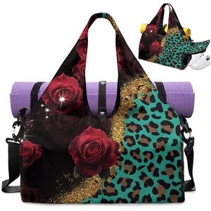 Gym Bag with Shoe Compartment for Women Men Large Capacity Yoga Mat Bag Fashion Workout Travel Yoga Mat Holder(Leopard-Print Rose)