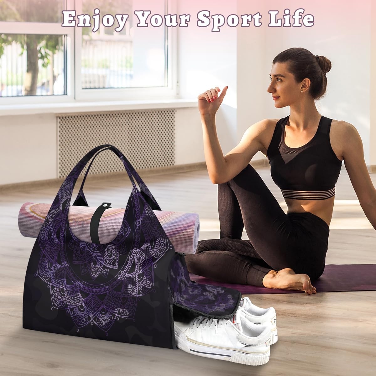 image:imageBoho Flowers Yoga Gym Bag for Women Men with Shoe Compartment Yoga Mat Bag Large Duffel Bag Sport Tote for Travel Pilates Workout Beach Office