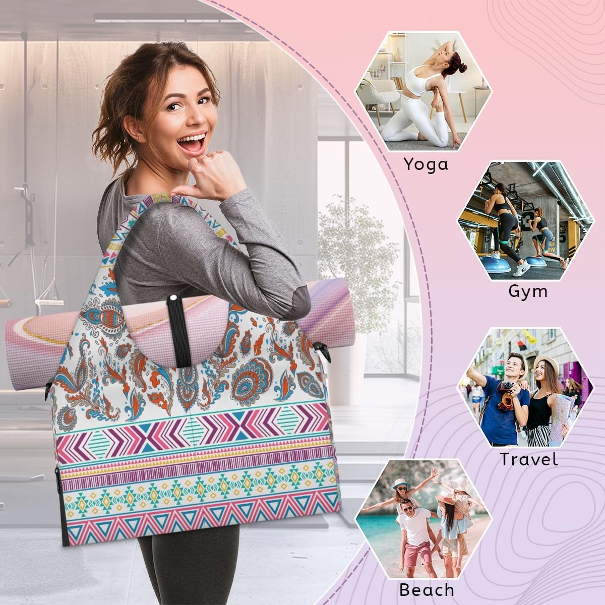 image:imageColorful Rhombus Triangle Pattern Yoga Gym Bag for Women Men with Shoe Compartment Yoga Mat Bag Large Duffel Bag Sport Tote for Travel Pilates Workout Beach Office