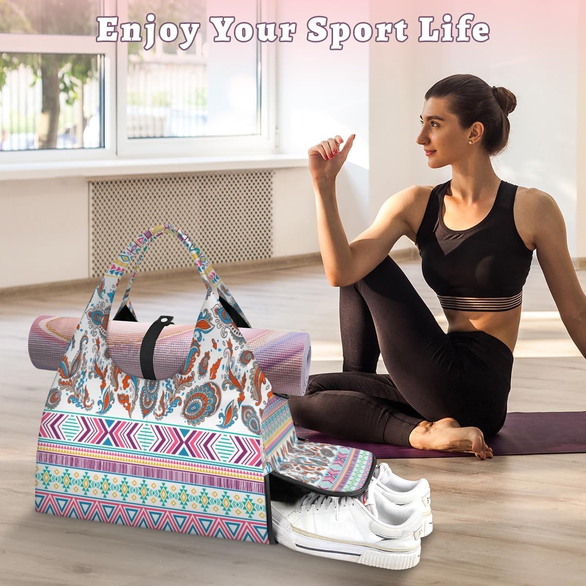 image:imageColorful Rhombus Triangle Pattern Yoga Gym Bag for Women Men with Shoe Compartment Yoga Mat Bag Large Duffel Bag Sport Tote for Travel Pilates Workout Beach Office