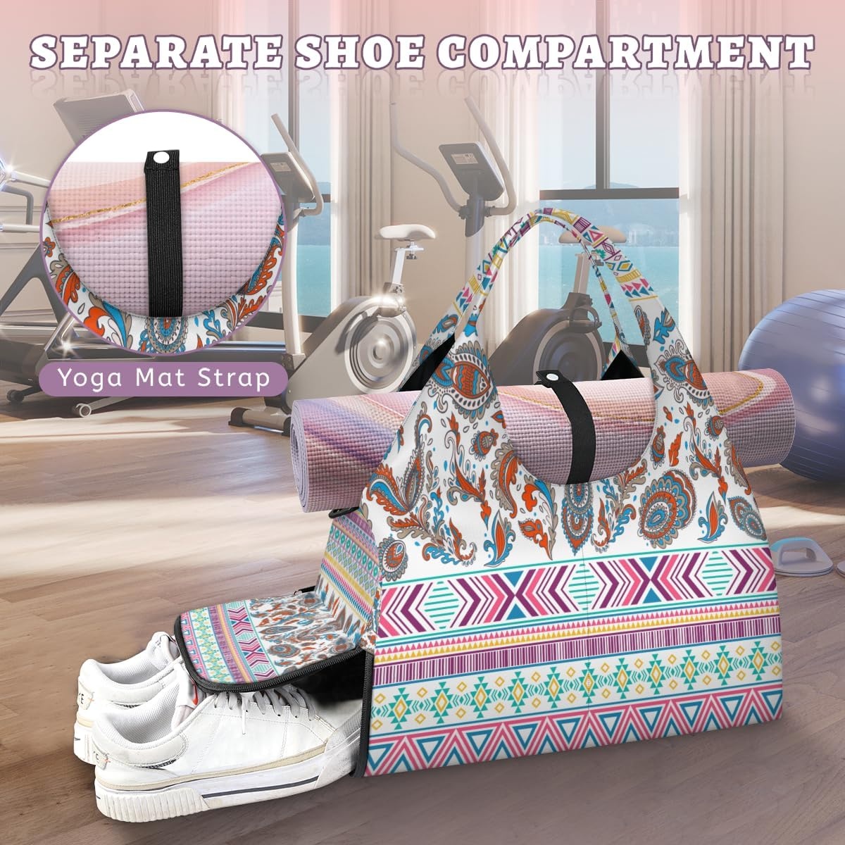 image:imageColorful Rhombus Triangle Pattern Yoga Gym Bag for Women Men with Shoe Compartment Yoga Mat Bag Large Duffel Bag Sport Tote for Travel Pilates Workout Beach Office