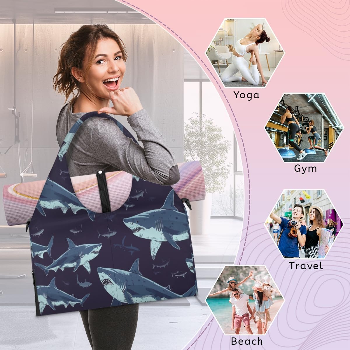 image:imageHand Painted Sharks Yoga Gym Bag for Women Men with Shoe Compartment Yoga Mat Bag Large Duffel Bag Sport Tote for Travel Pilates Workout Beach Office