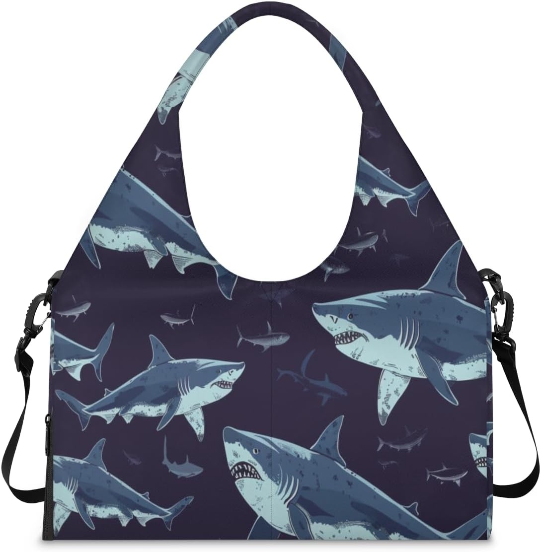 image:imageHand Painted Sharks Yoga Gym Bag for Women Men with Shoe Compartment Yoga Mat Bag Large Duffel Bag Sport Tote for Travel Pilates Workout Beach Office