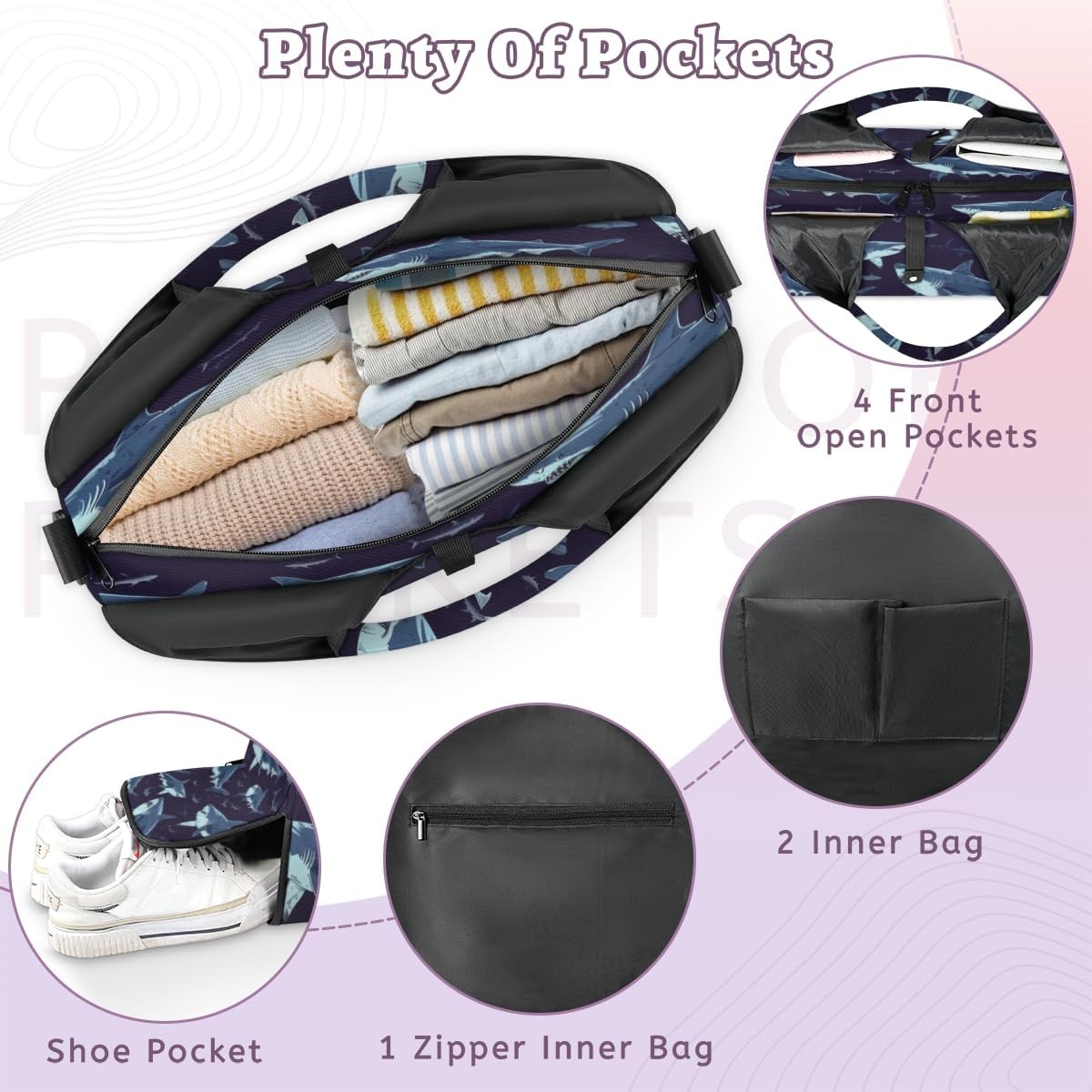 image:imageHand Painted Sharks Yoga Gym Bag for Women Men with Shoe Compartment Yoga Mat Bag Large Duffel Bag Sport Tote for Travel Pilates Workout Beach Office