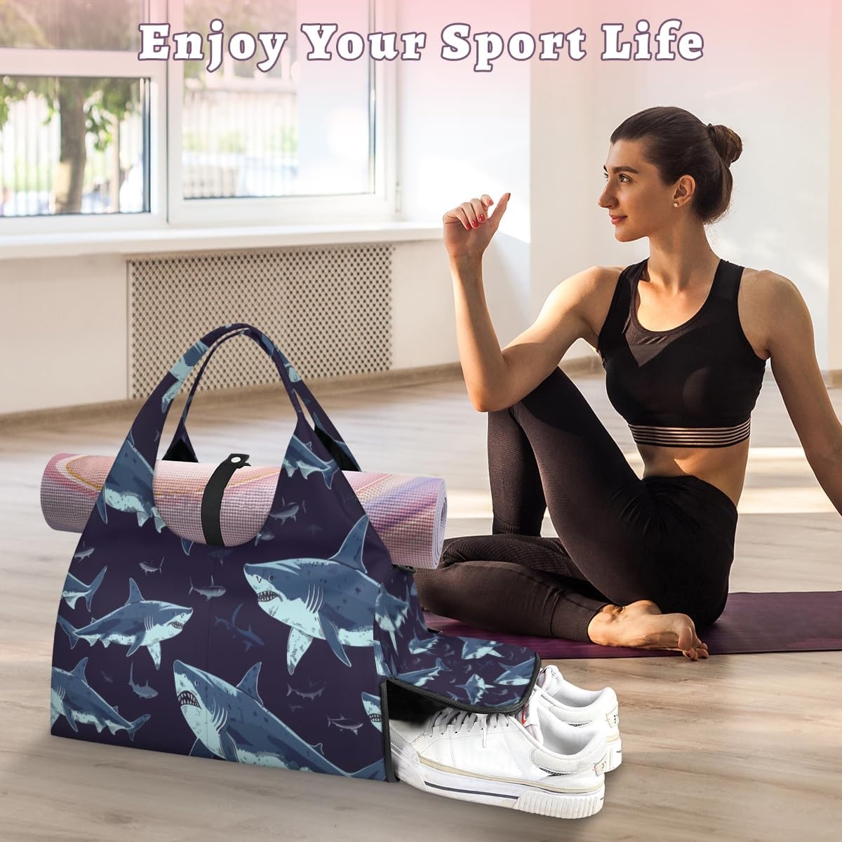 image:imageHand Painted Sharks Yoga Gym Bag for Women Men with Shoe Compartment Yoga Mat Bag Large Duffel Bag Sport Tote for Travel Pilates Workout Beach Office