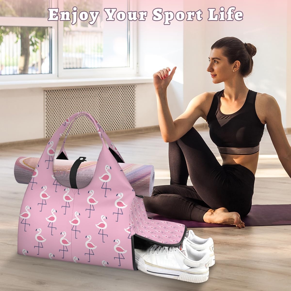 image:imagePink Flamingos Womens yoga bag with shoe compartmentadjustable and detachable shoulder strapmultifunctional yoga mat bagsuitable for travelPilates officebeachgym and exercise