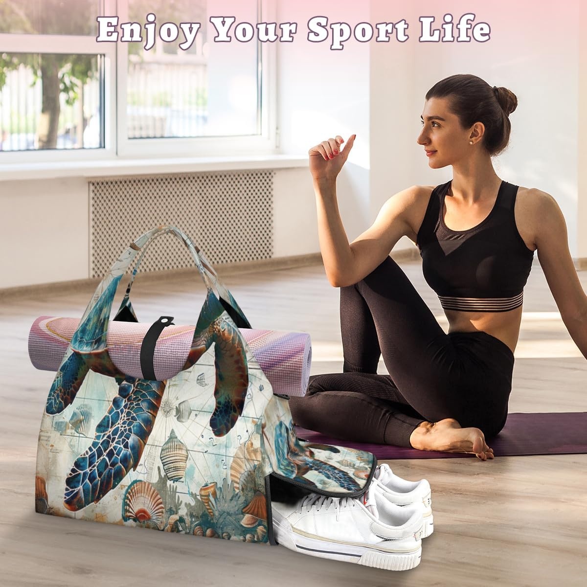 image:imageVintage Sea Turtle Shells Yoga Gym Bag for Women Men with Shoe Compartment Yoga Mat Bag Large Duffel Bag Sport Tote for Travel Pilates Workout Beach Office