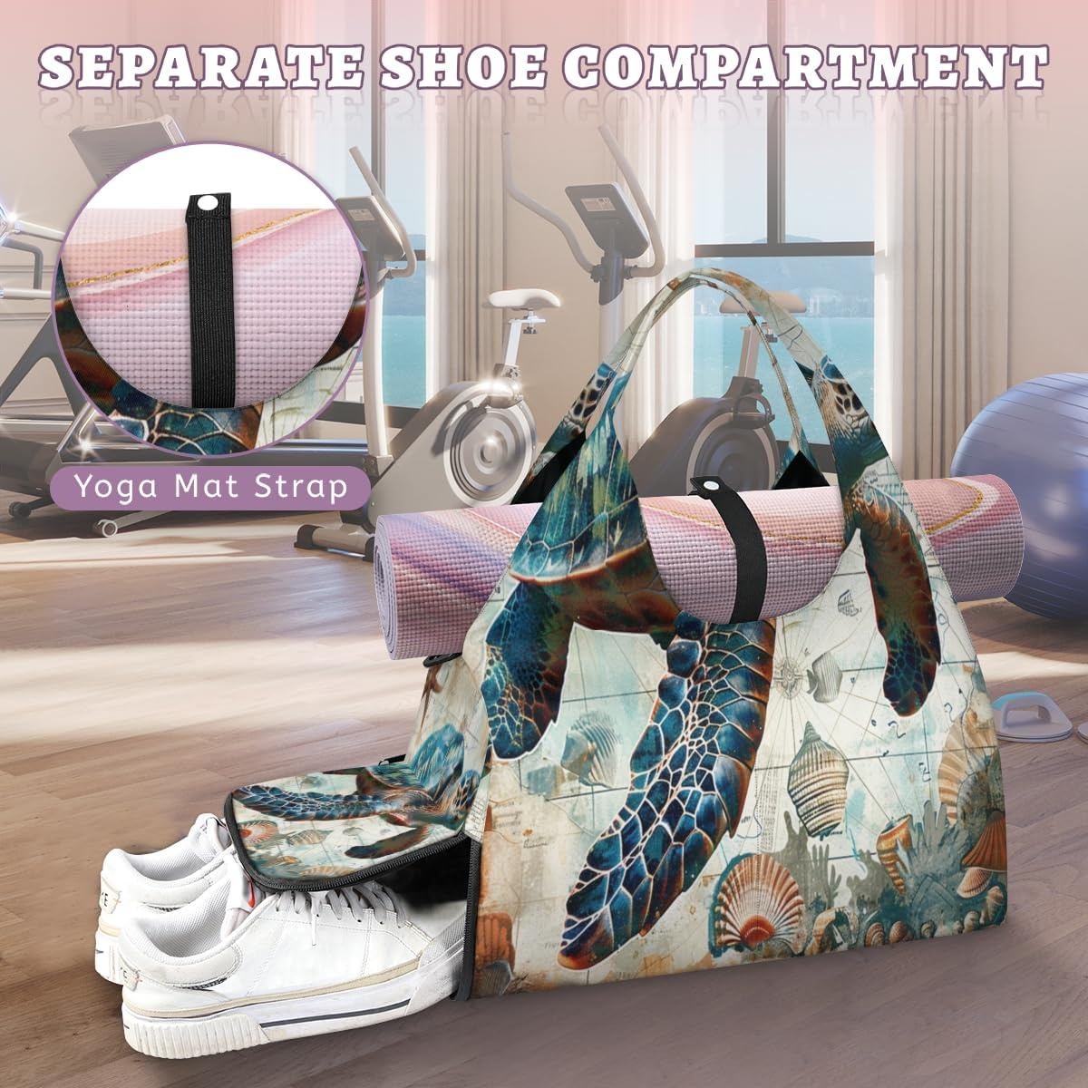 image:imageVintage Sea Turtle Shells Yoga Gym Bag for Women Men with Shoe Compartment Yoga Mat Bag Large Duffel Bag Sport Tote for Travel Pilates Workout Beach Office