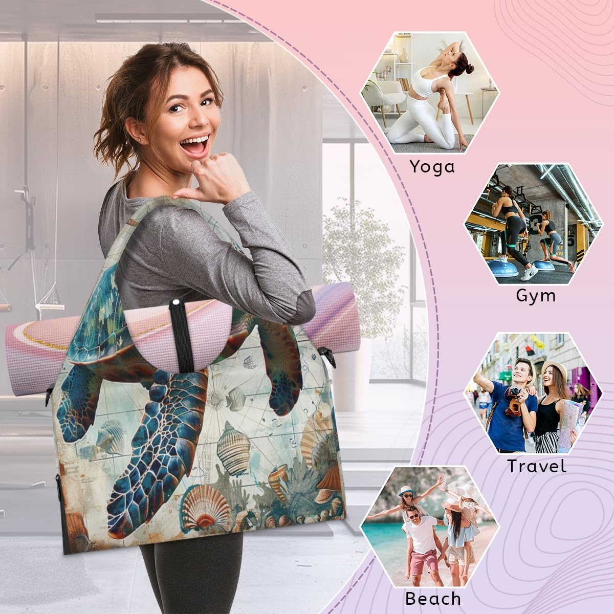 image:imageVintage Sea Turtle Shells Yoga Gym Bag for Women Men with Shoe Compartment Yoga Mat Bag Large Duffel Bag Sport Tote for Travel Pilates Workout Beach Office