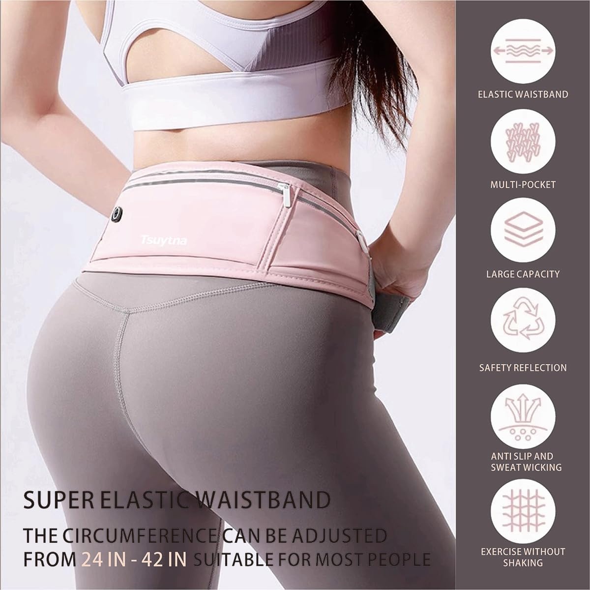 image:imageRunning Belt for Women amp Men Slim Phone running belt with WaterResistant Phone Holder 3 pockets Adjustable Waist Strap Reflective Safety Design for Running Hiking TravelFitness PinkPink