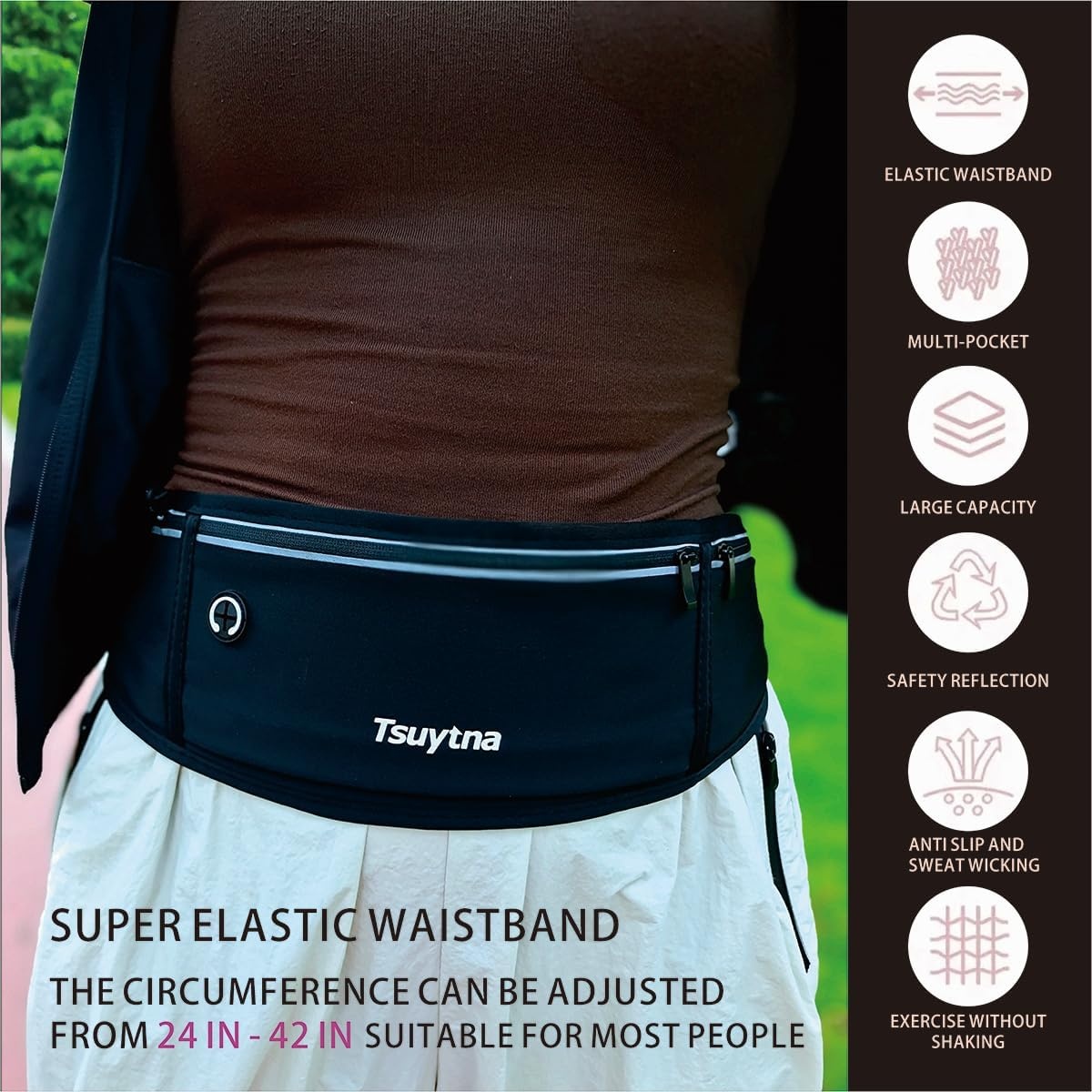 image:imageRunning Belt for Women amp Men Slim Phone running belt with WaterResistant Phone Holder 3 pockets Adjustable Waist Strap Reflective Safety Design for Running Hiking TravelFitness PinkBlack