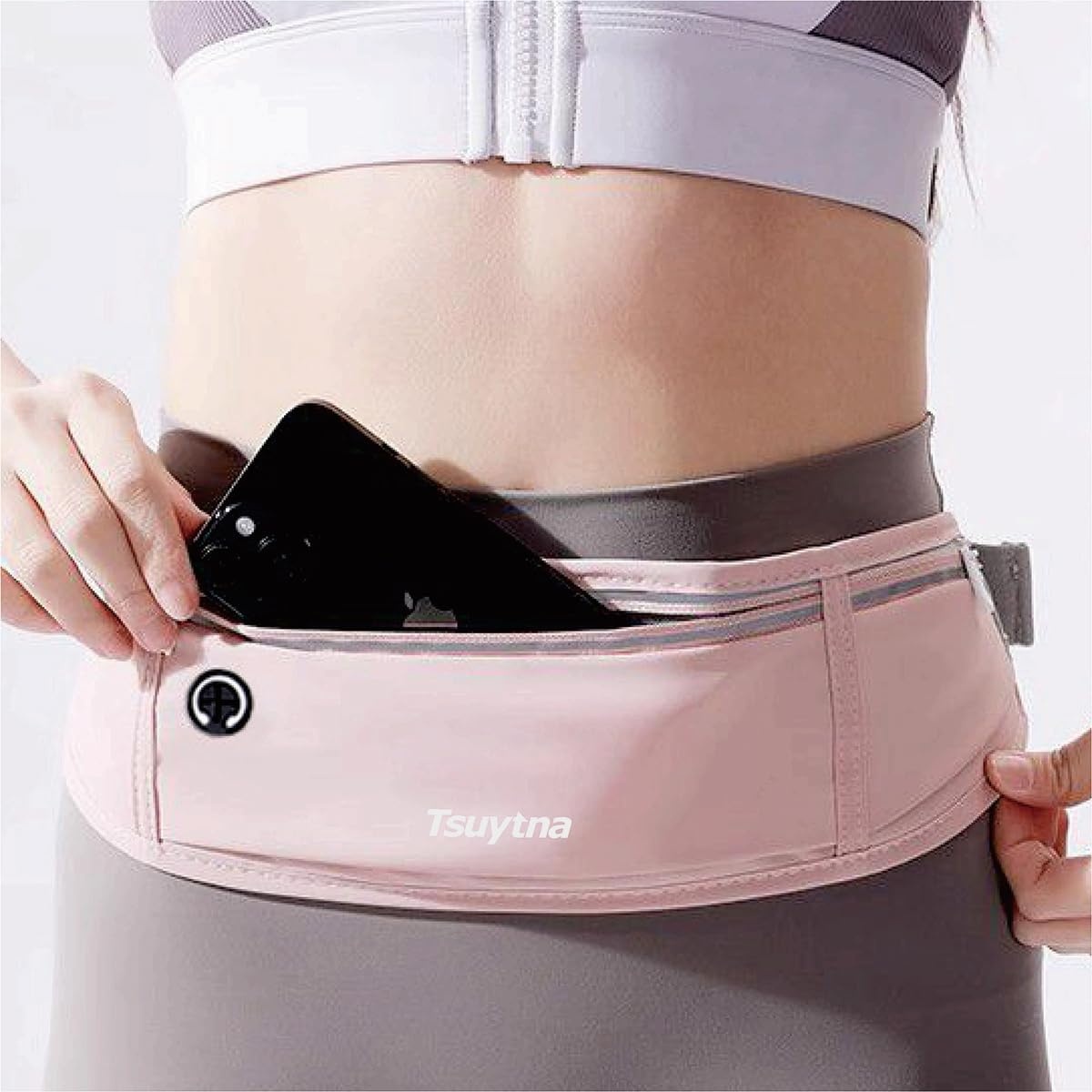 image:imageRunning Belt for Women amp Men Slim Phone running belt with WaterResistant Phone Holder 3 pockets Adjustable Waist Strap Reflective Safety Design for Running Hiking TravelFitness PinkPink