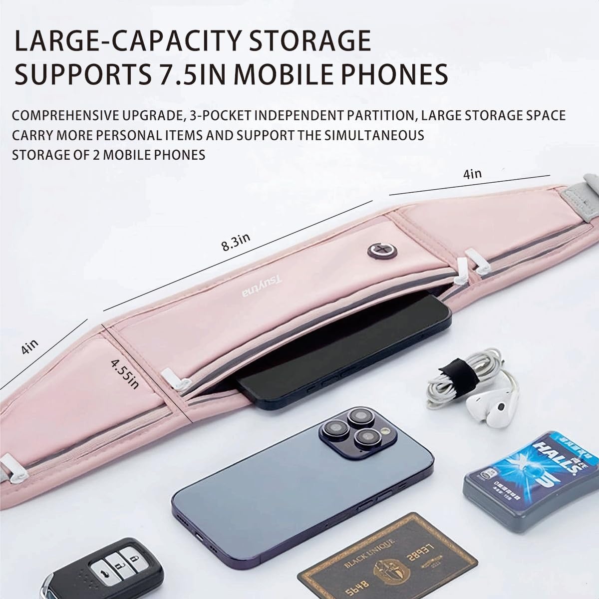 image:imageRunning Belt for Women amp Men Slim Phone running belt with WaterResistant Phone Holder 3 pockets Adjustable Waist Strap Reflective Safety Design for Running Hiking TravelFitness PinkPink