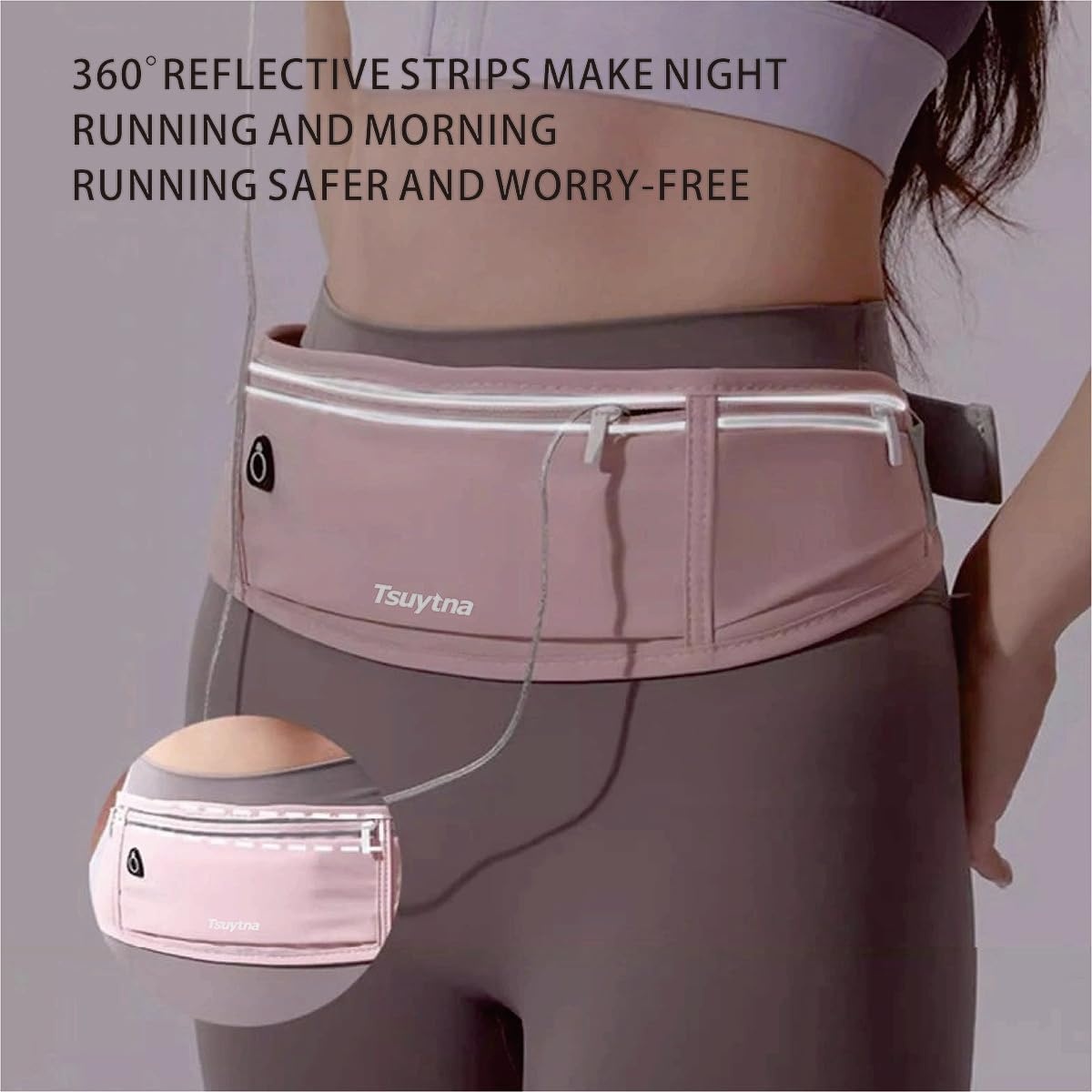 image:imageRunning Belt for Women amp Men Slim Phone running belt with WaterResistant Phone Holder 3 pockets Adjustable Waist Strap Reflective Safety Design for Running Hiking TravelFitness PinkPink