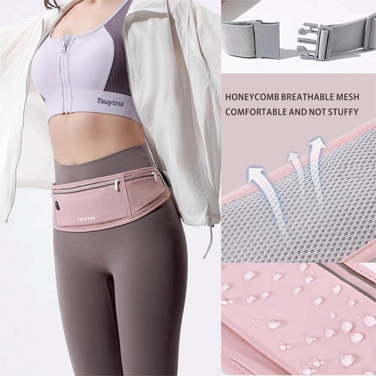 image:imageRunning Belt for Women amp Men Slim Phone running belt with WaterResistant Phone Holder 3 pockets Adjustable Waist Strap Reflective Safety Design for Running Hiking TravelFitness PinkPink