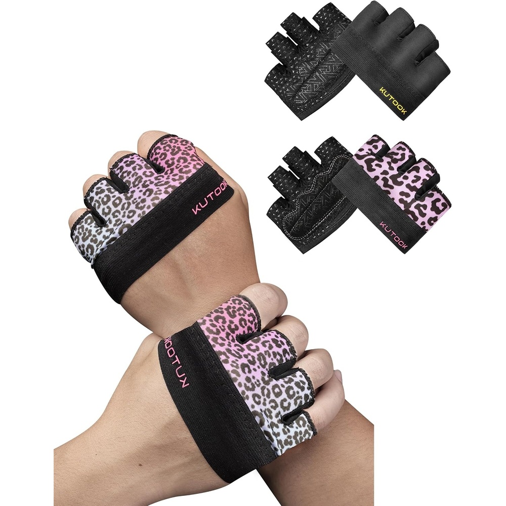 image:imageKUTOOK Weight Lifting Gloves for Women Gym Workout Gloves with Palm Protection amp Extra Grip Breathable Exercise Gloves for Men FitnessPink LeopardBlack 2Pcs