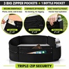 Running Belt & Money Belt, 3 Zipper Pockets + Bottle Holder(Large)