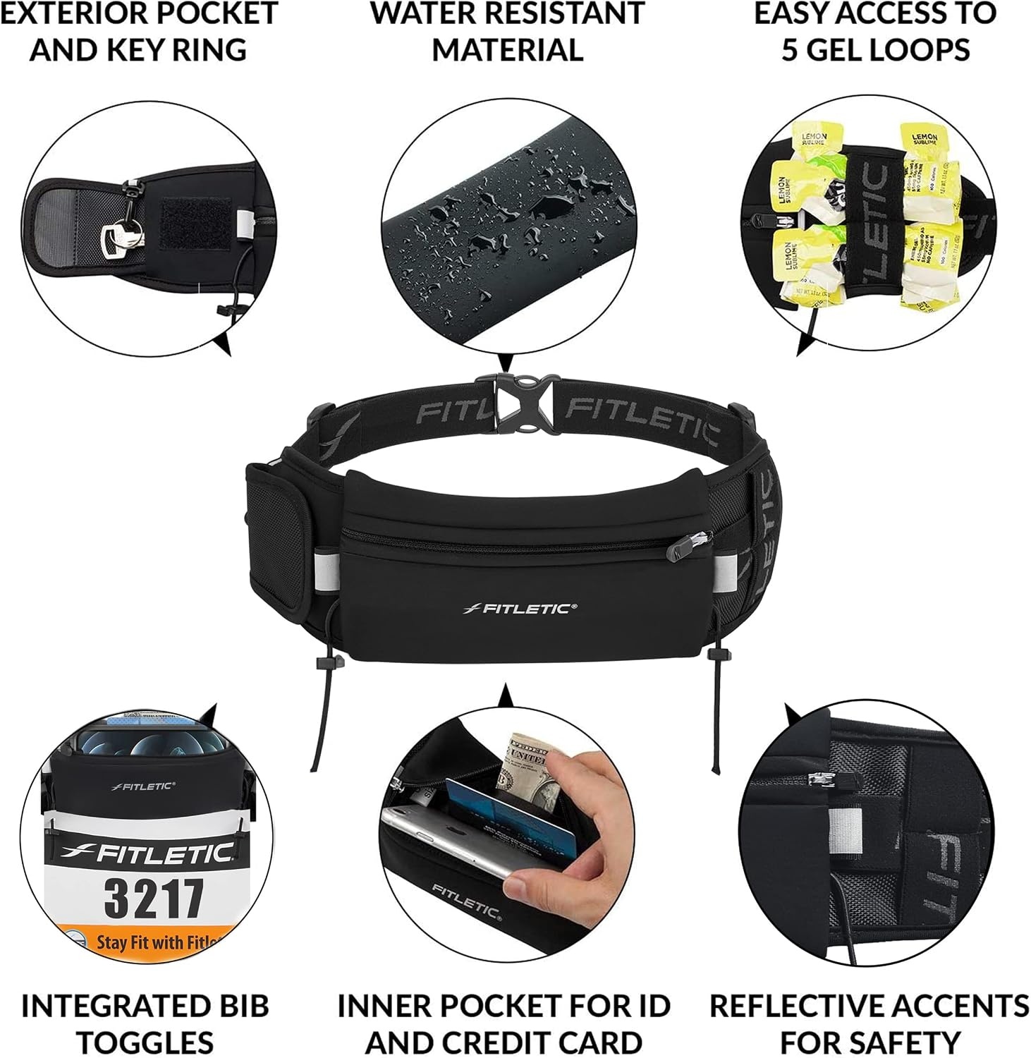 image:imageFitletic Ultimate II Running Pouch with Gels Runners Pouch Running Waist Belt with Gel Loops Exterior Pocket Inner Pocket and Integrated Bib Toggles Running AccessoriesBlack