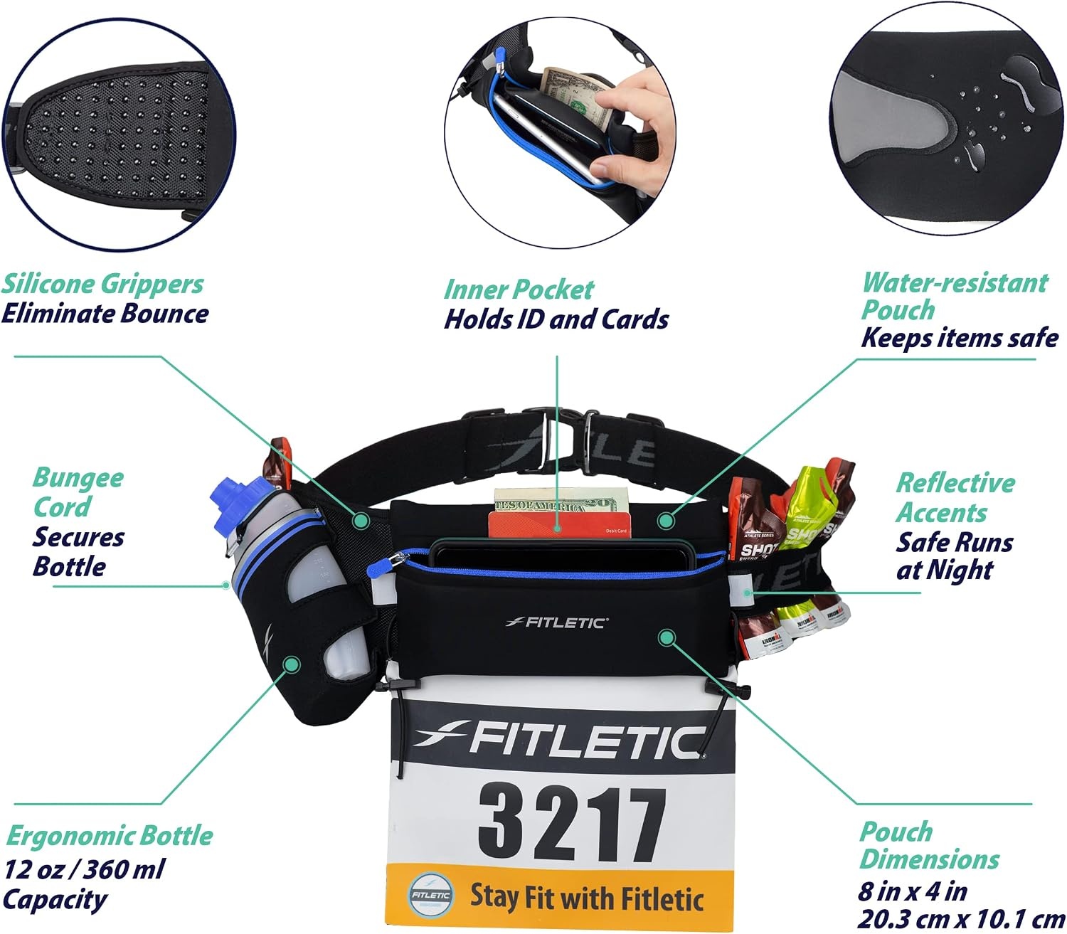 image:imageFitletic Hydration Running Belt With 12oz Quick Flow Water Bottle For Men amp Women Race Belt Gel Holder amp Bib Toggles Patented Bounce Free Design Water Resistant Fits All Phones Fully LoadedBlack