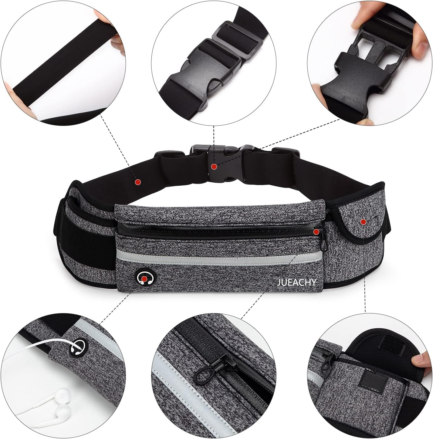 image:imageJueachy Running Belts for Women Waterproof Fanny Pack Running Waist Pouch Phone holder Adjustable Sports Money Belt with Headphone PortGrey