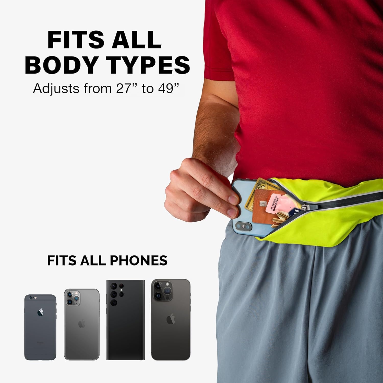 image:imageNoBounce Slim amp Secure Running Belt Fits ALL Phones Keys Cards Gels1 Yellow