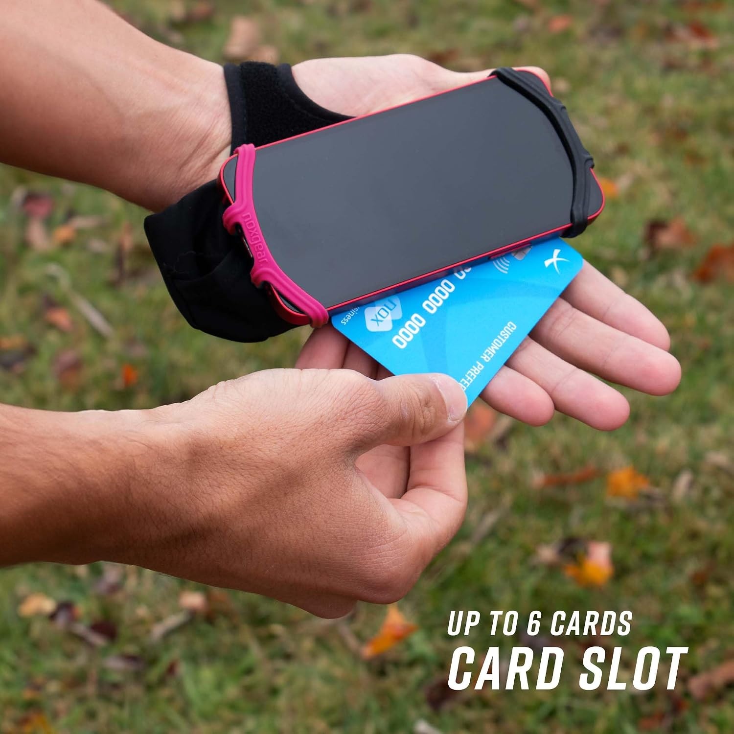 image:imageNoxgear Hand Held Phone Holder Handheld Grip Phone Holder with Key Fob amp Card Slot for Running Jogging amp Working Out Compatible with All Phones iPhone Samsung amp Google Machine WashableRaspberry