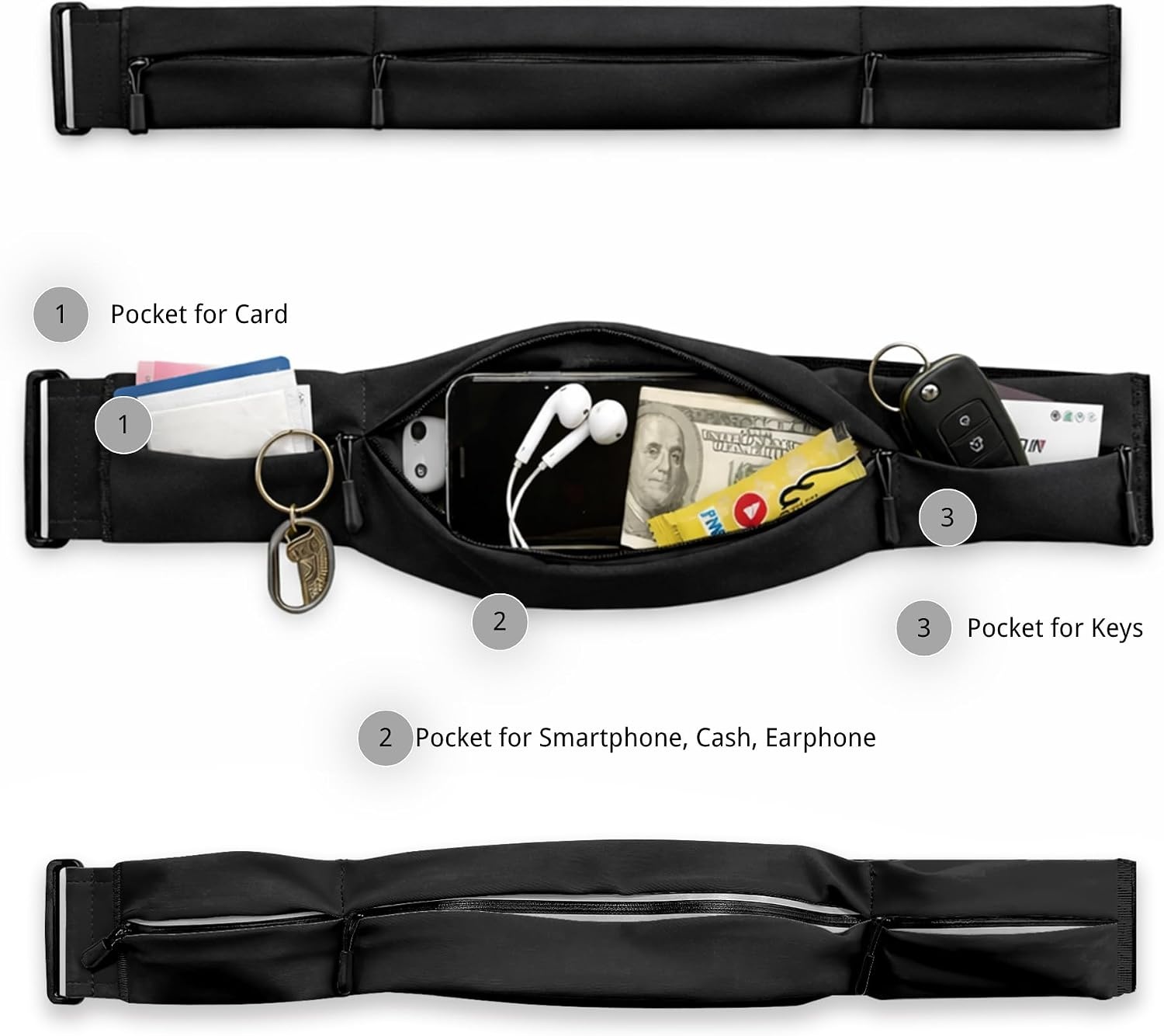 image:imageRunning Belt for Men Women Waterresistant Fanny Pack with 3 Zipper Pockets amp Reflective Safety Strips Adjustable Waist Pack Jogging Pouch for Phone Keys amp Essentials Black LargeBlack