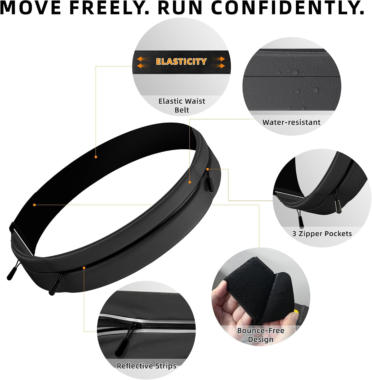 image:imageRunning Belt for Men Women Waterresistant Fanny Pack with 3 Zipper Pockets amp Reflective Safety Strips Adjustable Waist Pack Jogging Pouch for Phone Keys amp Essentials Black LargeBlack