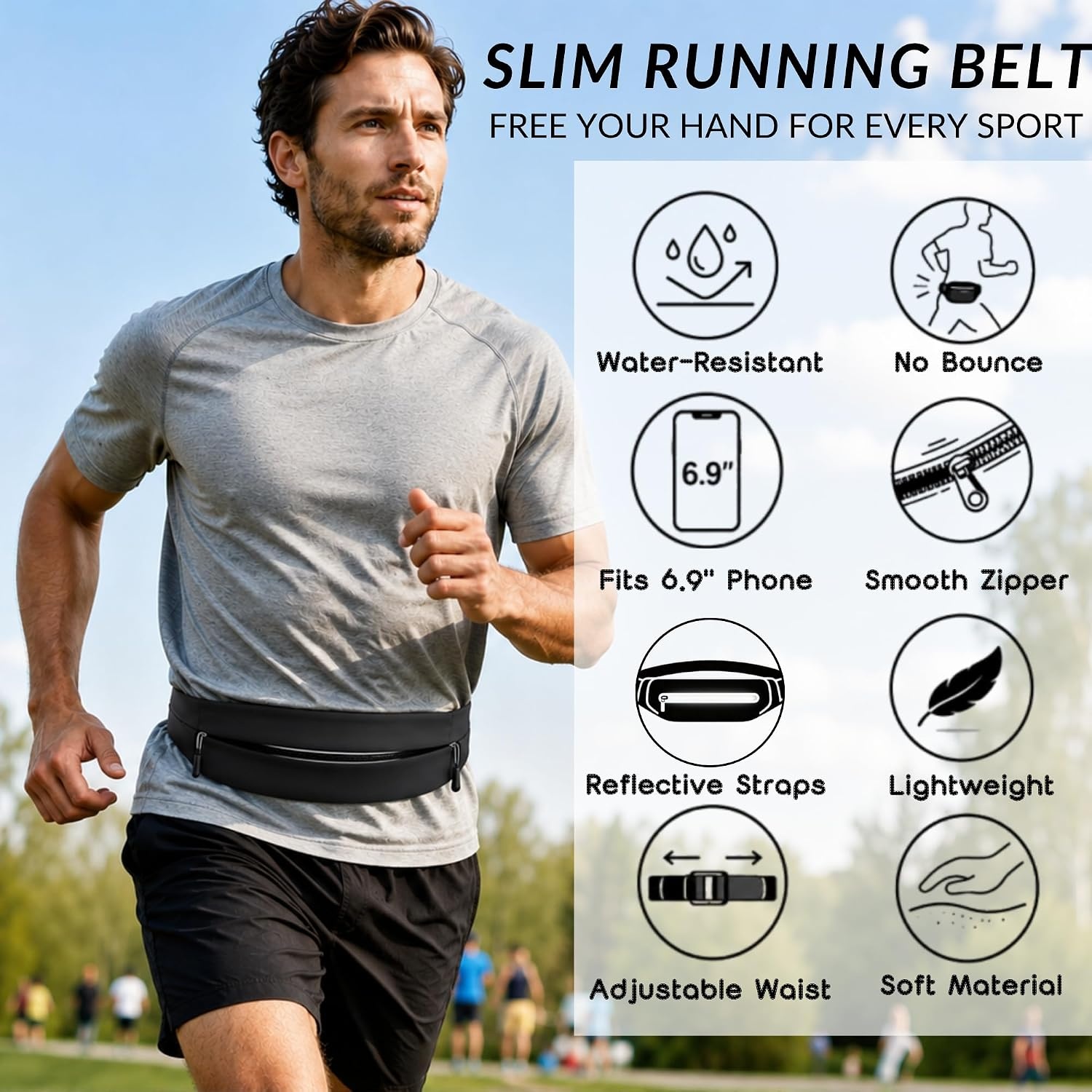 image:imageRunning Belt for Men Women Waterresistant Fanny Pack with 3 Zipper Pockets amp Reflective Safety Strips Adjustable Waist Pack Jogging Pouch for Phone Keys amp Essentials Black LargeBlack