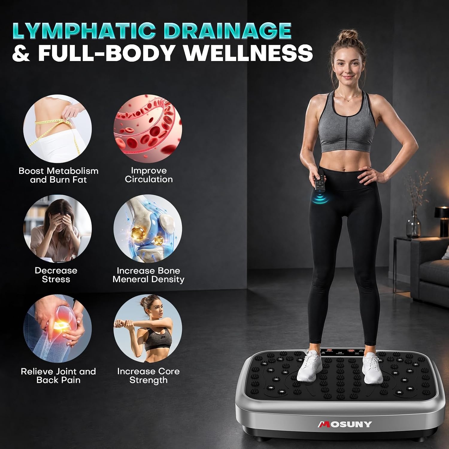 image:imageVibration Plate for Lymphatic Drainage with 7 Modes Vibration Plate Exercise Machine Powerful 150W Motor Speaker with Music Full Body Workout with 199 Speeds for Women Men 450 Lbs CapacityGrey