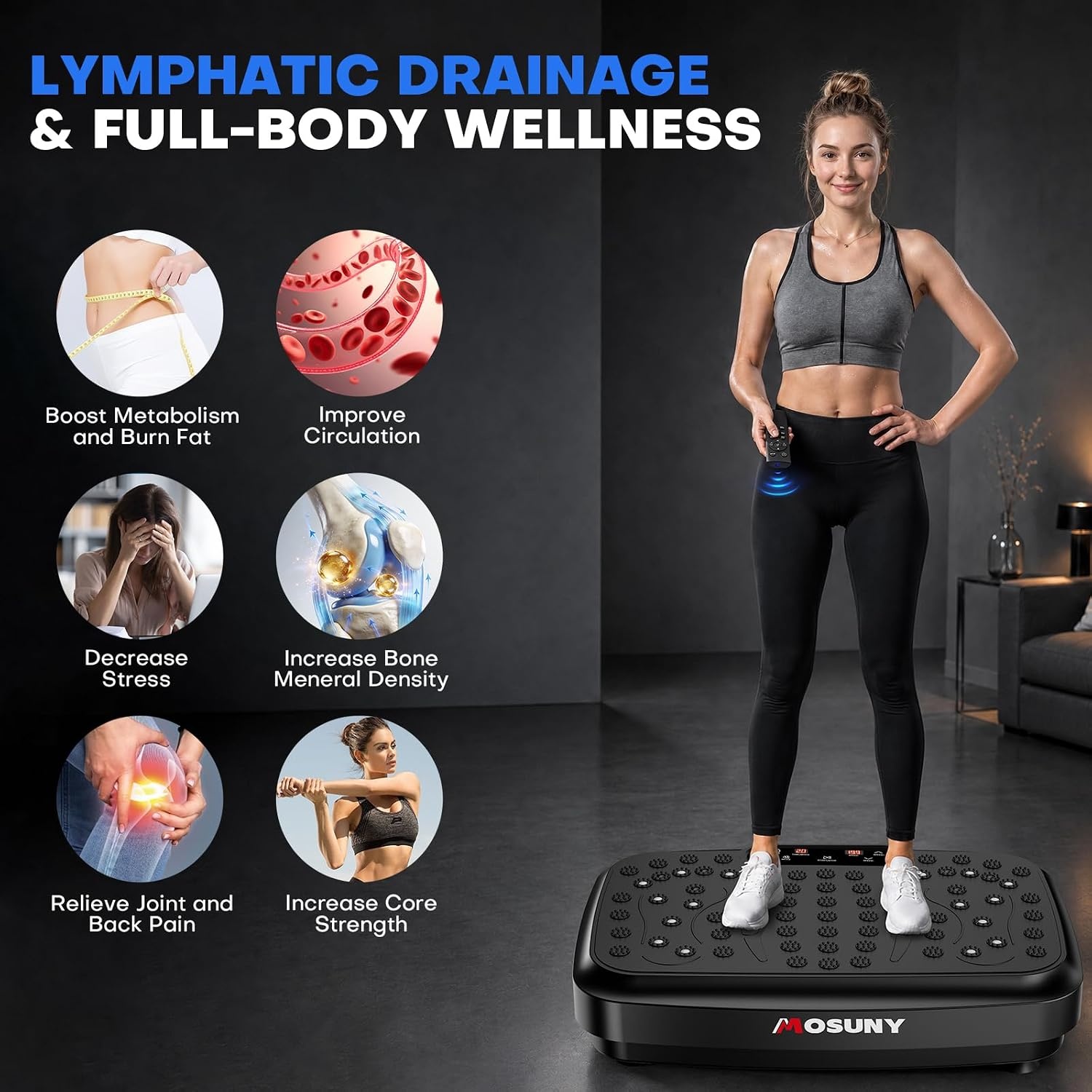image:imageVibration Plate for Lymphatic Drainage with 7 Modes Vibration Plate Exercise Machine Powerful 150W Motor Speaker with Music Full Body Workout with 199 Speeds for Women Men 450 Lbs CapacityBlack
