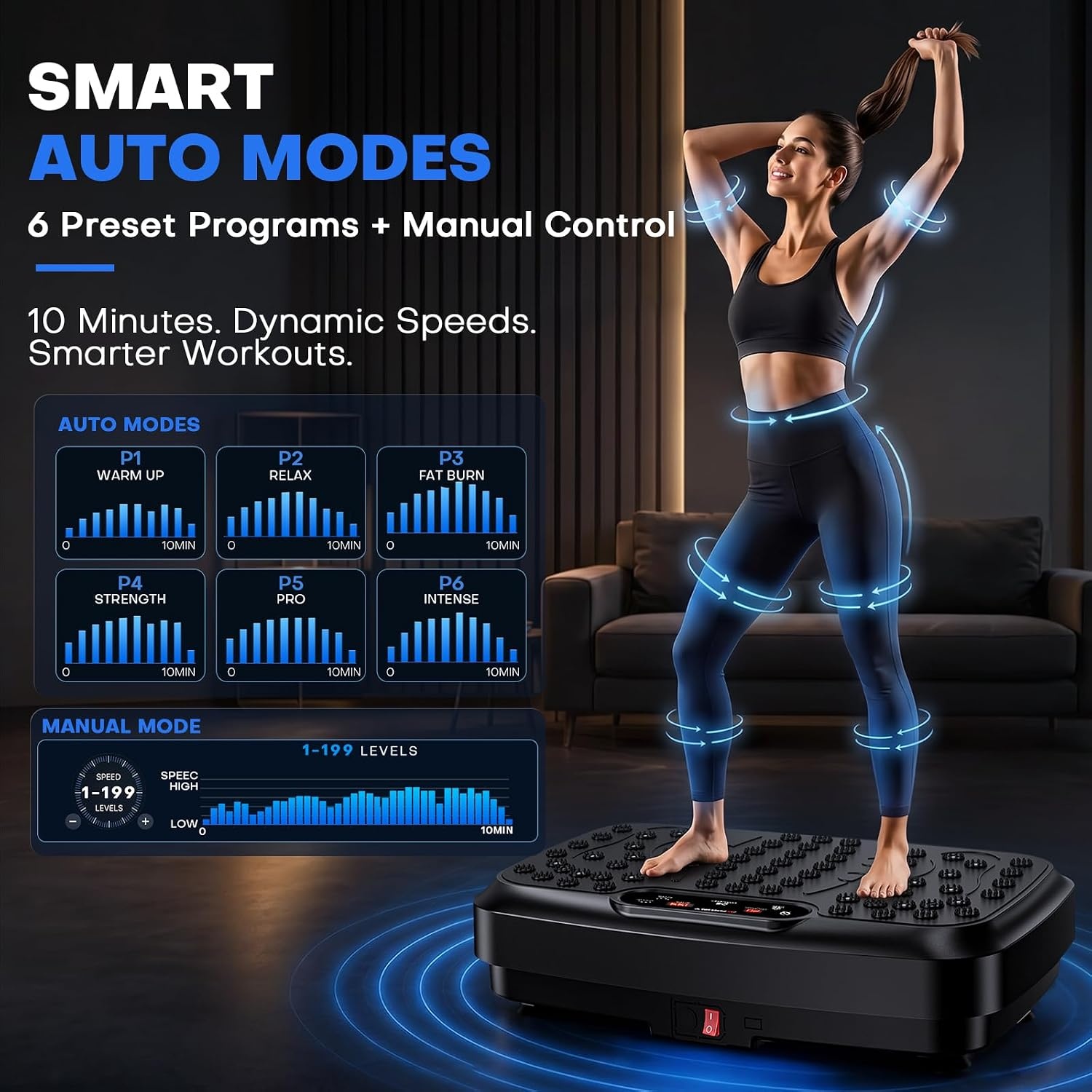 image:imageVibration Plate for Lymphatic Drainage with 7 Modes Vibration Plate Exercise Machine Powerful 150W Motor Speaker with Music Full Body Workout with 199 Speeds for Women Men 450 Lbs CapacityBlack