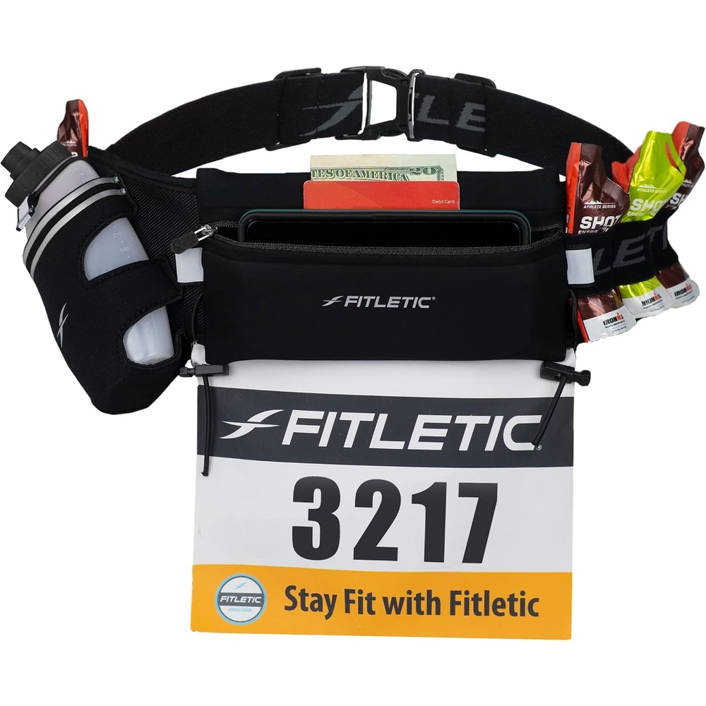 image:imageFitletic Hydration Running Belt With 12oz Quick Flow Water Bottle For Men amp Women Race Belt Gel Holder amp Bib Toggles Patented Bounce Free Design Water Resistant Fits All Phones Fully LoadedBlack